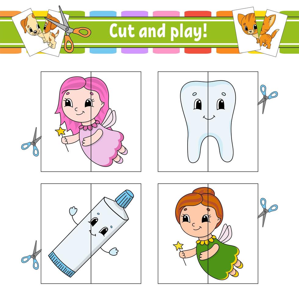 Cut and play. Flash cards. Color puzzle. Tooth, toothpaste, fairy. Education developing worksheet. Activity page. Game for children. Funny character. Isolated vector illustration. Cartoon style.