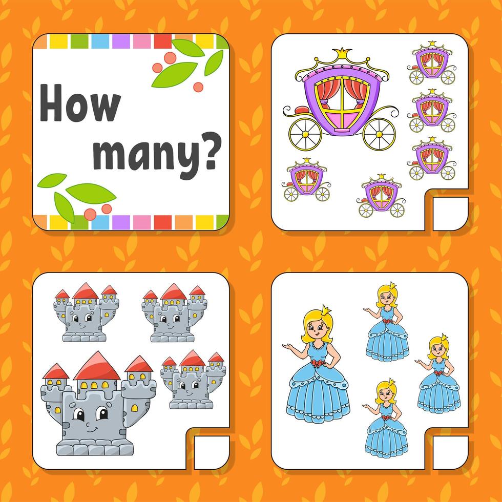 Counting game for children. Happy characters. Learning mathematics. How many object in the picture. Education worksheet. With space for answers. Isolated vector illustration in cute cartoon style.