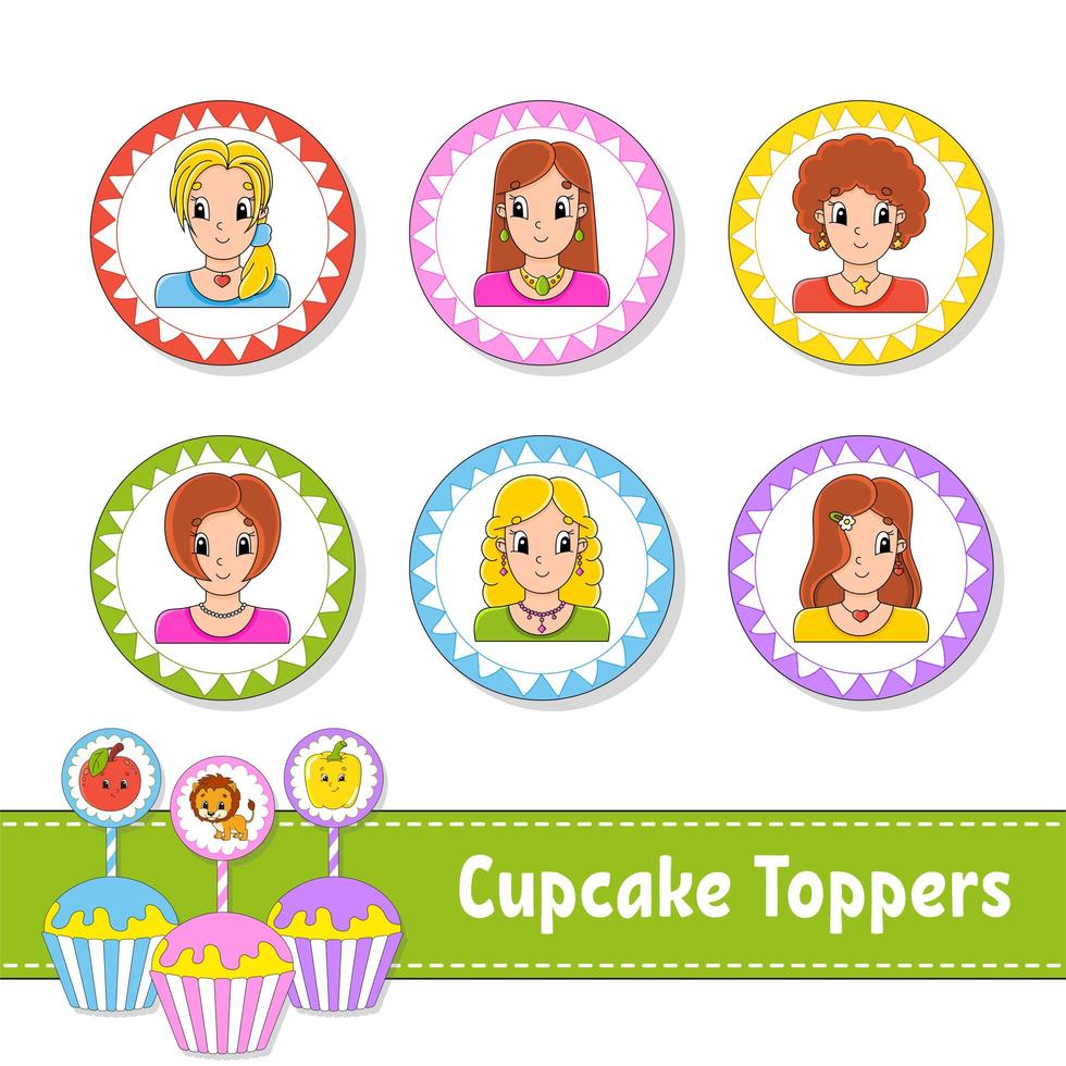 Cupcake Toppers. Set of six round pictures. Lovely smiling girls. Cartoon characters. Cute image. For birhday, party, baby shower. vector