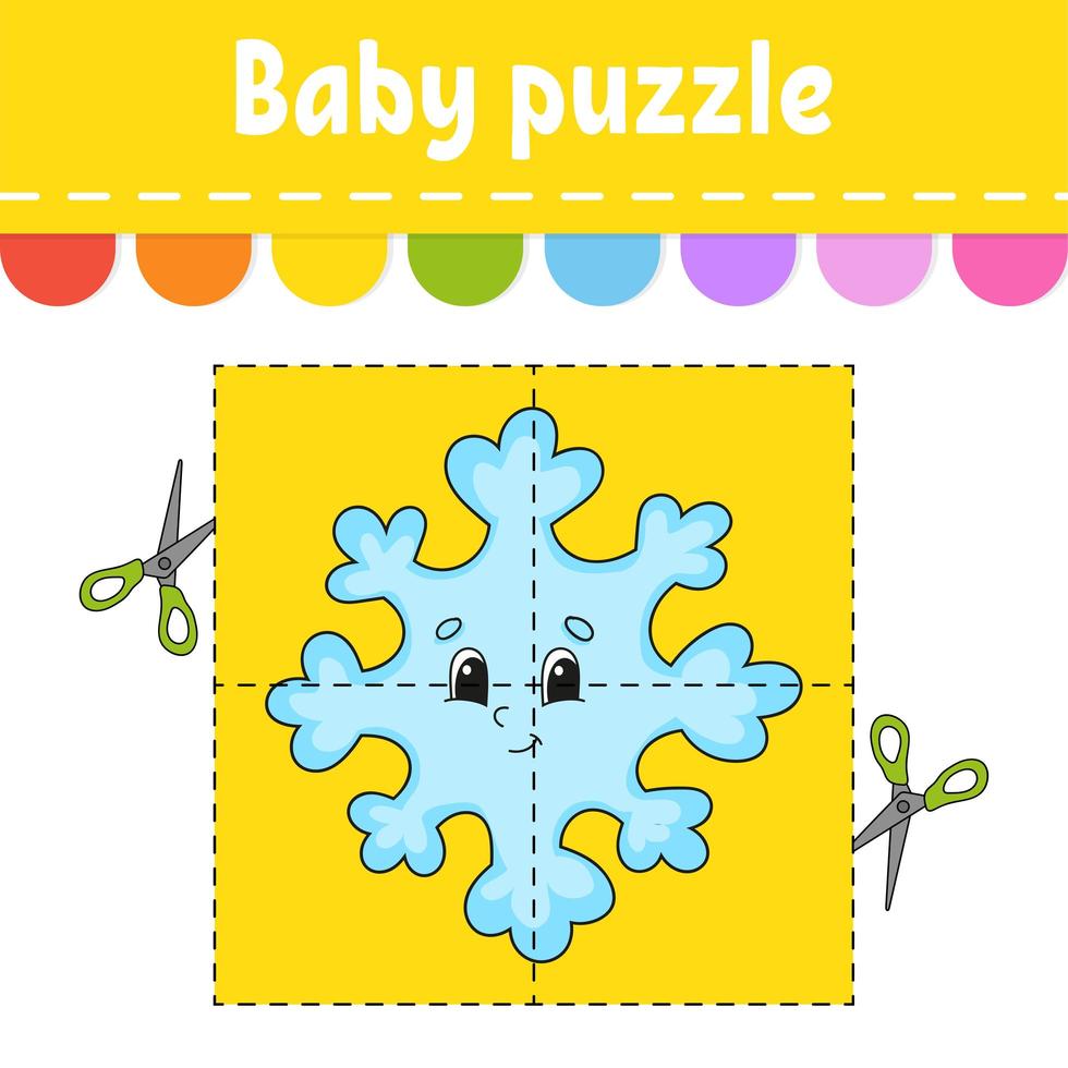 Baby puzzle. Easy level. Flash cards. Cut and play. Christmas theme. Color activity worksheet. Game for children. Cartoon character. vector