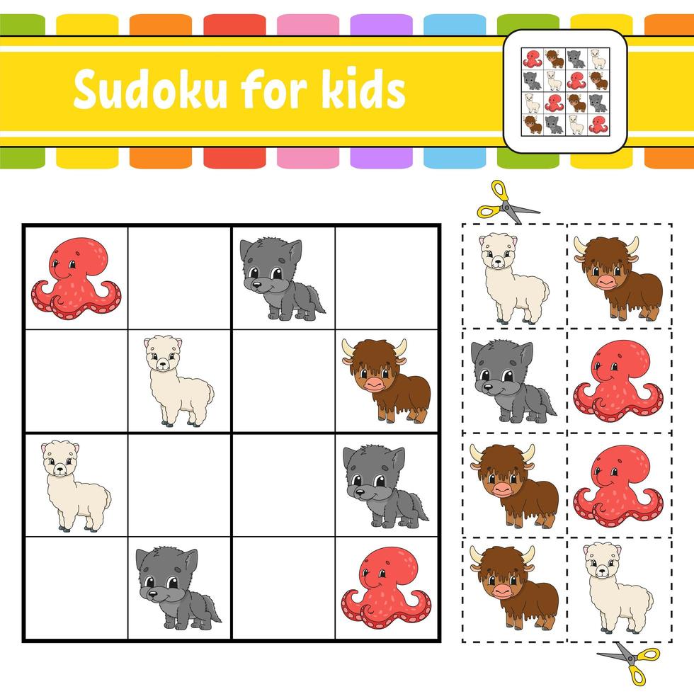 Sudoku for kids. Education developing worksheet. Activity page with pictures. Puzzle game for children. Set animals. Isolated vector illustration. Funny character. Cartoon style.