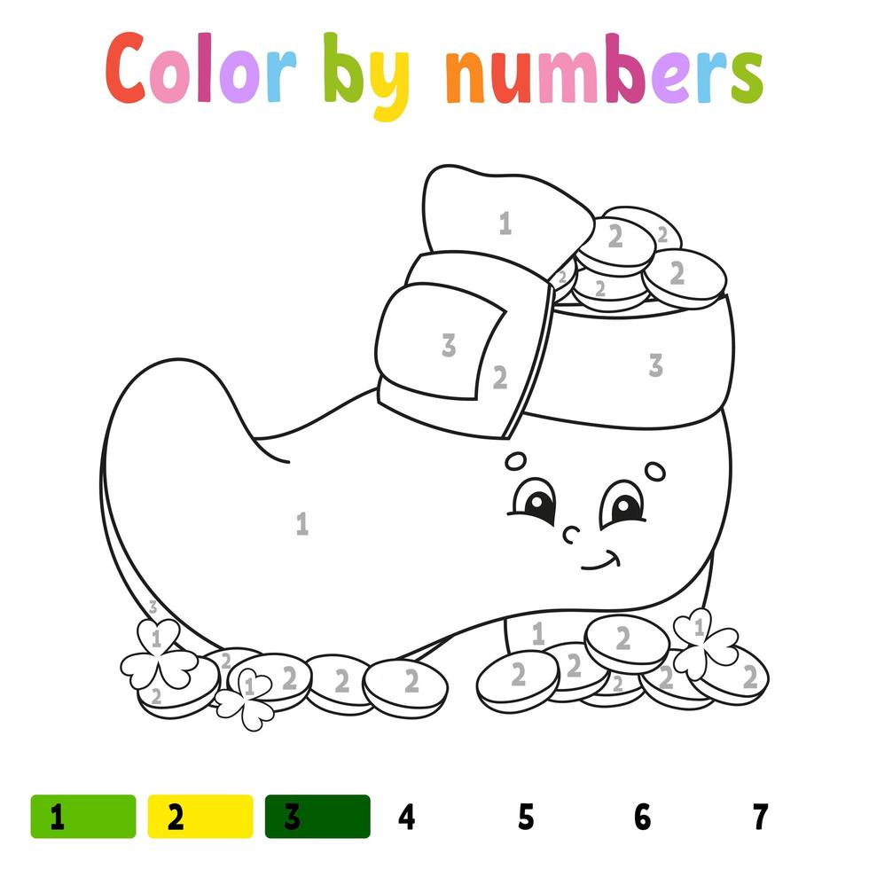 Color by numbers. Coloring book for kids. Vector illustration. Cartoon character. Hand drawn. Worksheet page for children. Isolated on white background. St. Patrick's day.