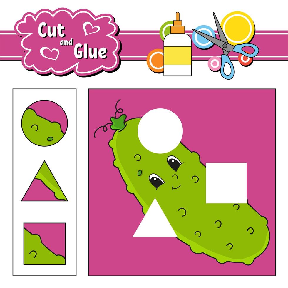 Cut and glue. Game for kids. Education developing worksheet. Cartoon cucumber character. Color activity page. Hand drawn. Isolated vector illustration.