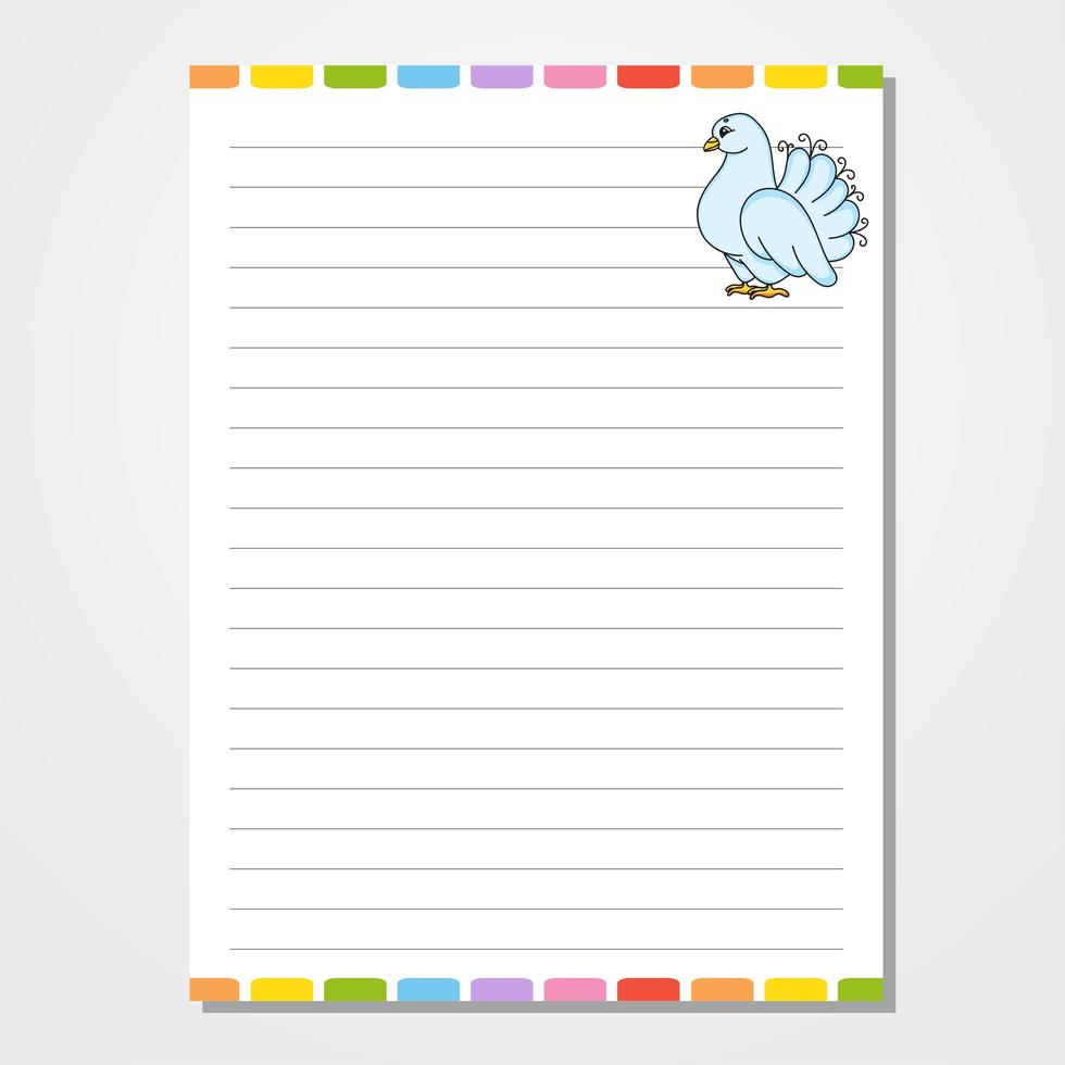 Sheet template for notebook, notepad, diary. Lined paper. Cute character dove. With a color image. Isolated vector illustration. Cartoon style.