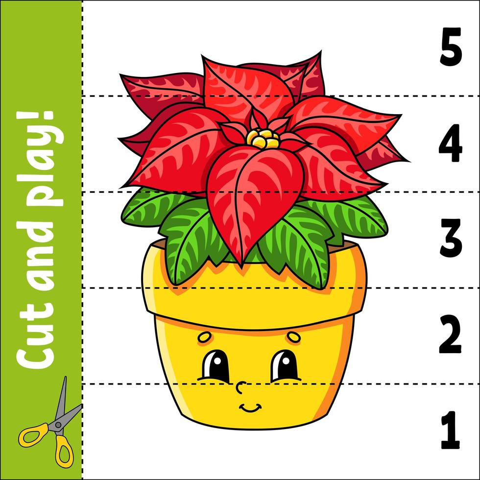 aprender los números del 1 al 5. cortar y jugar. flor de nochebuena. hoja de trabajo de educación. juego para niños. página de actividad de color. rompecabezas para niños. acertijo para preescolar. ilustración vectorial. estilo de dibujos animados. vector