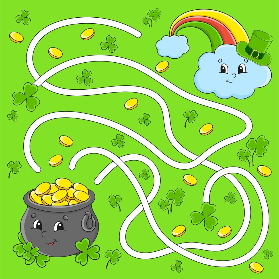 Funny maze for kids. Pot, rainbow. St. Patrick's day. Puzzle for children. Cartoon character. Labyrinth conundrum. Color vector illustration. Find the right path.