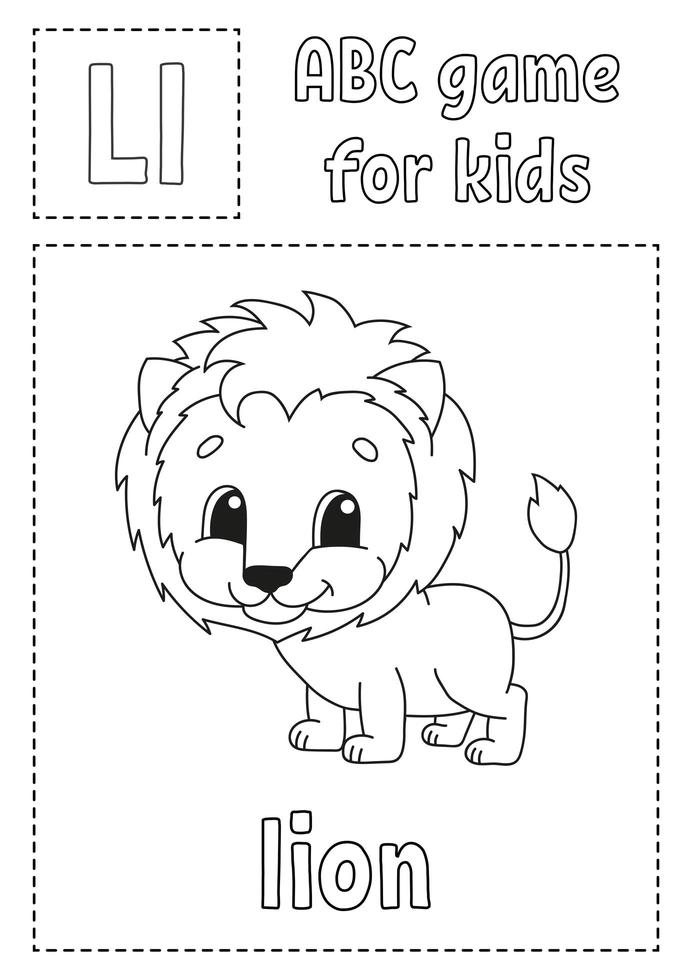 Letter L is for lion. ABC game for kids. Alphabet coloring page. Cartoon character. Word and letter. Vector illustration.