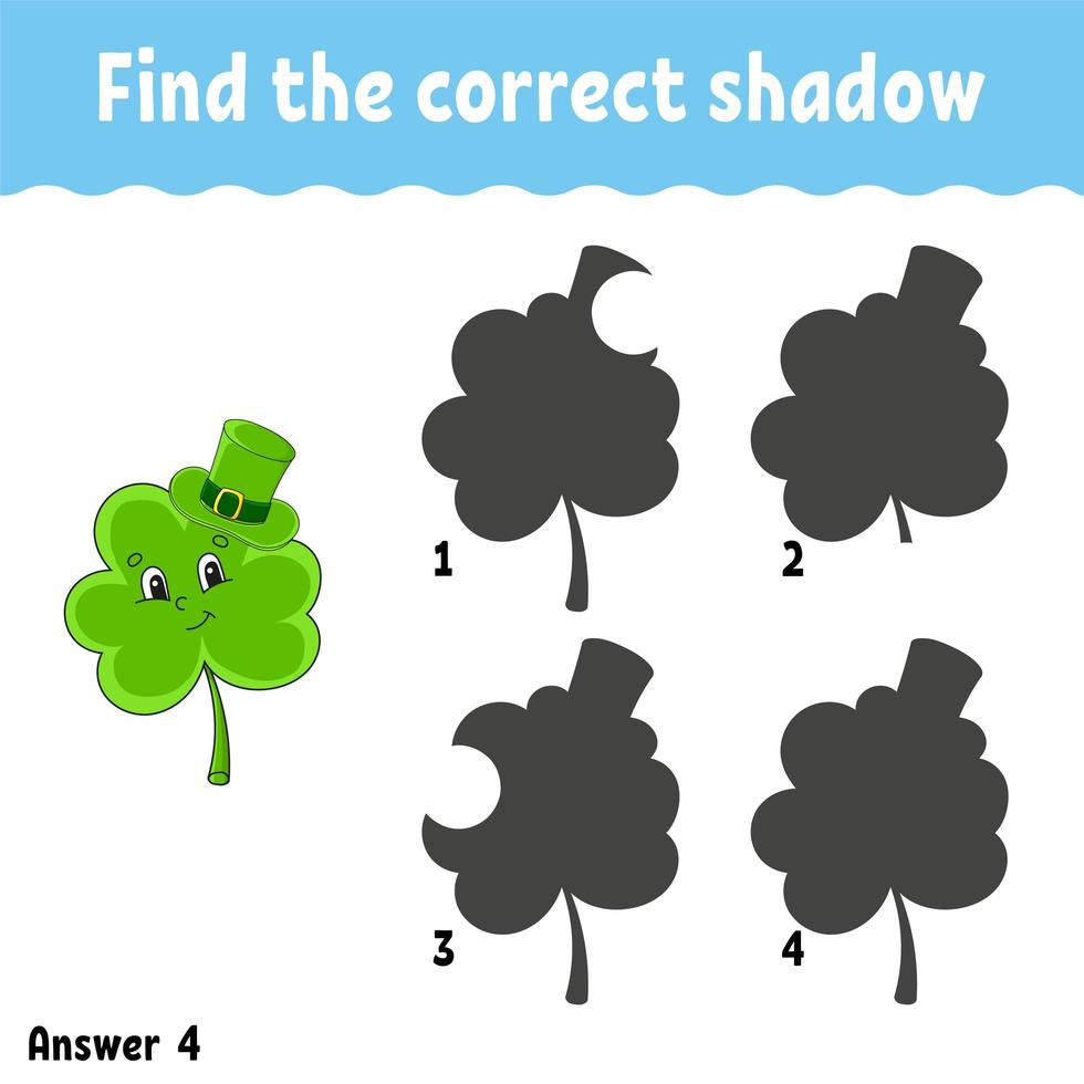 Find the correct shadow. Education developing worksheet. Matching game for kids. Activity page. Puzzle for children. Cartoon character. Isolated vector illustration. St. Patrick's day.