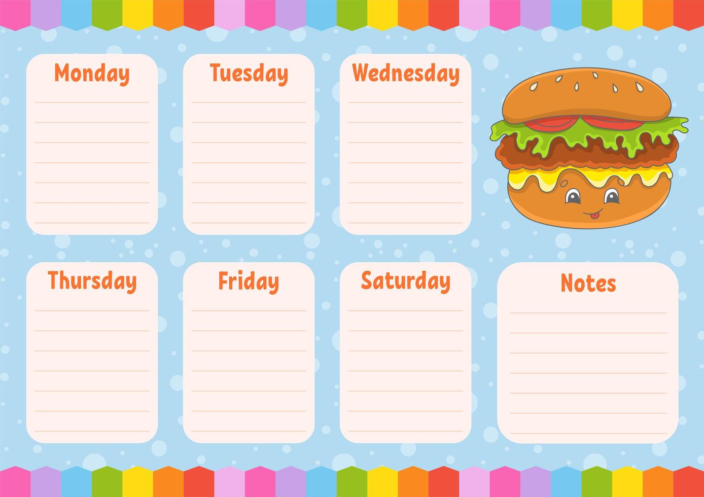 School schedule. Timetable for schoolboys. Empty template. Weekly planer with notes. Isolated color vector illustration. Cartoon character.