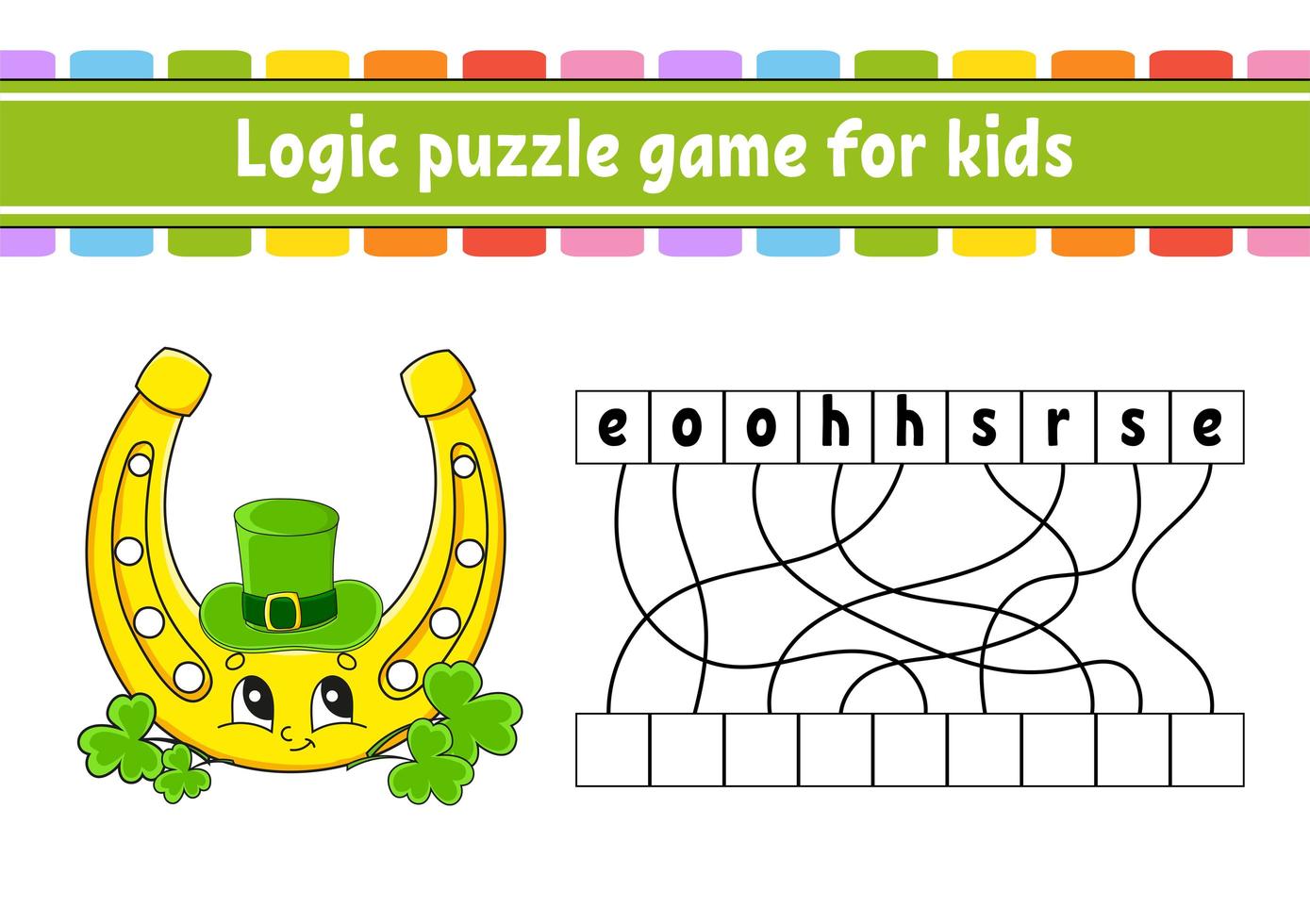 Logic puzzle game. Learning words for kids. Find the hidden name. Worksheet, Activity page. English game. Isolated vector illustration. Cartoon character. St. Patrick's day.