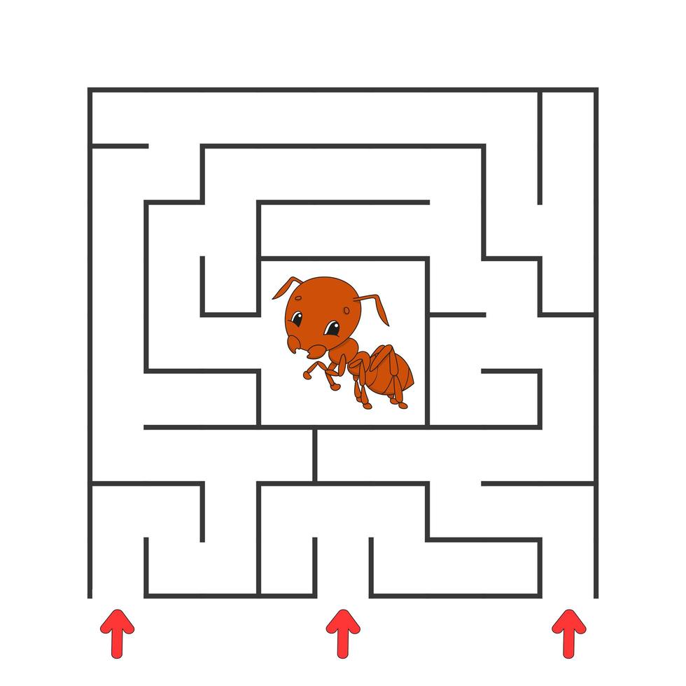 Funny square maze. Game for kids. Puzzle for children. Cartoon character. Labyrinth conundrum. Color vector illustration. Find the right path. The development of logical and spatial thinking.