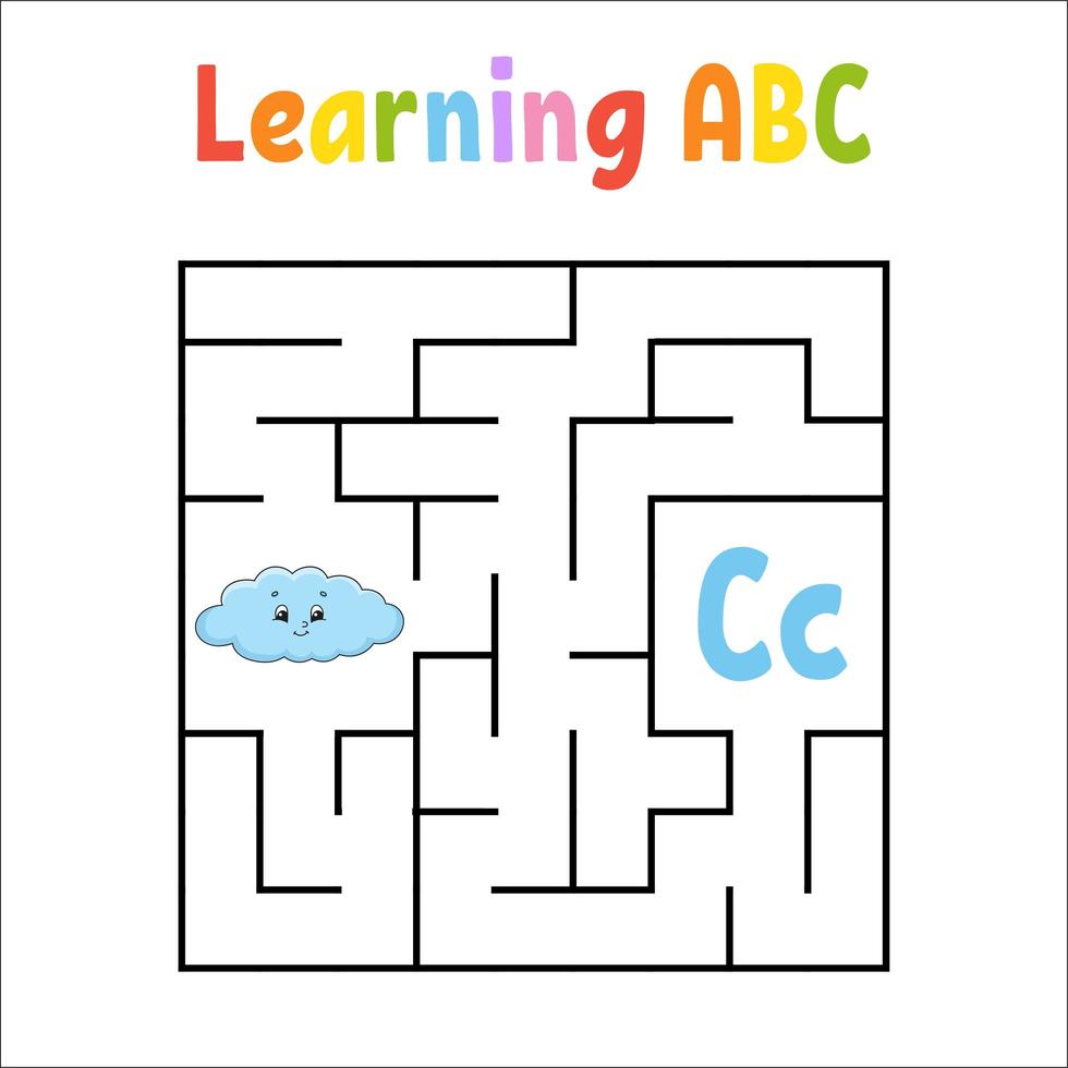 Square maze. Game for kids. Quadrate labyrinth. Education worksheet. Activity page. Learning English alphabet. Cartoon style. Find the right way. Color vector illustration.