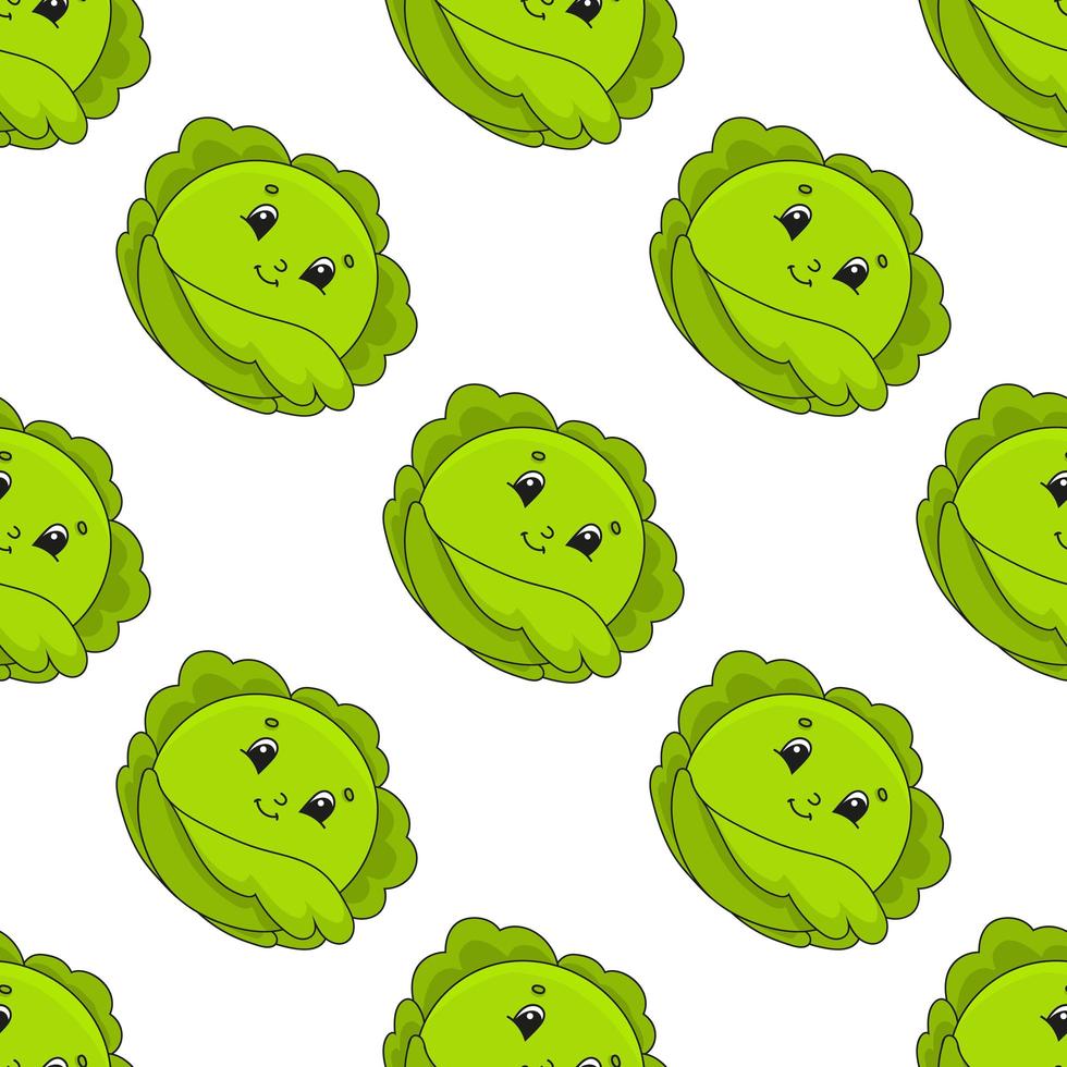 Happy cabbage. Colored seamless pattern with cute cartoon character. Simple flat vector illustration isolated on white background. Design wallpaper, fabric, wrapping paper, covers, websites.