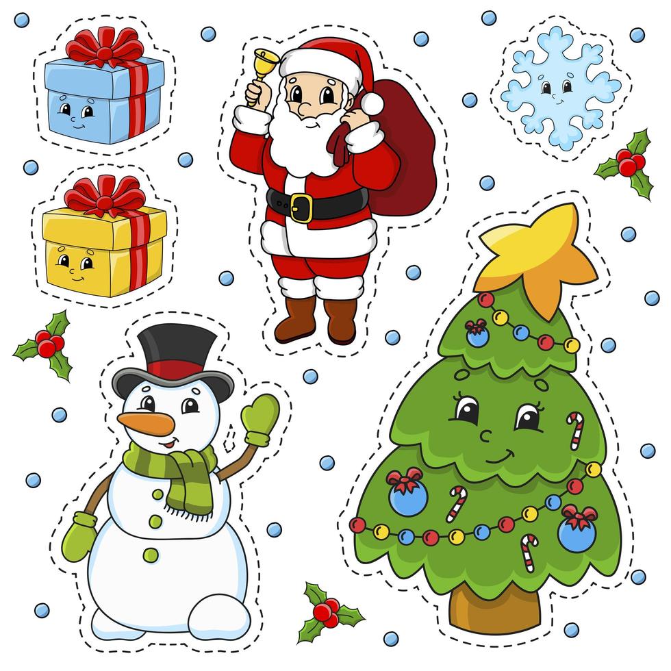 Set of stickers with cute cartoon characters. Christmas theme. Hand drawn. Colorful pack. Vector illustration. Patch badges collection. Label design elements. For daily planner, diary, organizer.