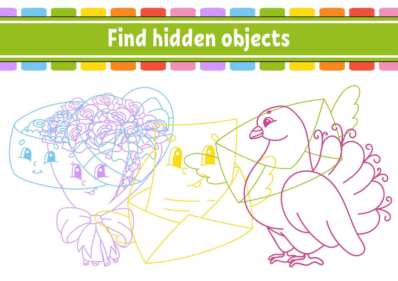 Find hidden object. Education developing worksheet. Activity page with pictures. Color contour. Logical thinking training. Isolated vector illustration. Funny character. Cartoon style.