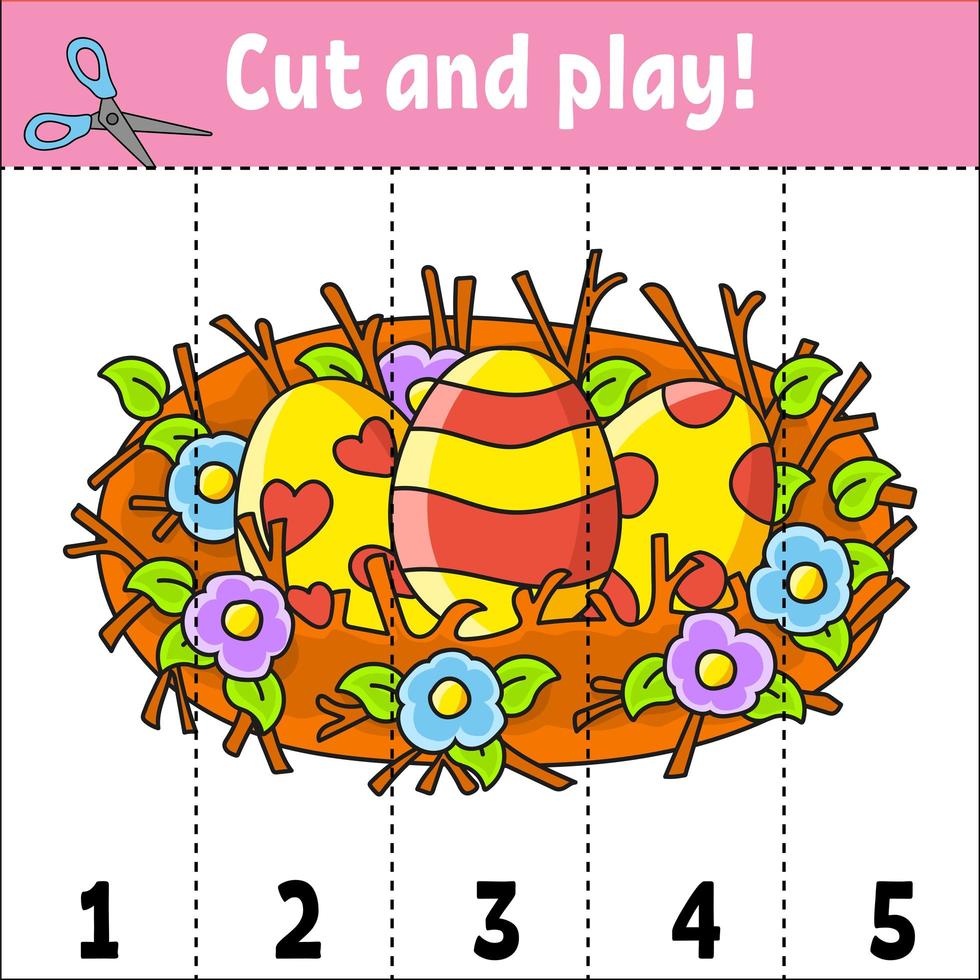 Learning numbers 1-5. Cut and play. Education worksheet. Game for kids. Color activity page. Puzzle for children. Riddle for preschool. Vector illustration. Cartoon style.