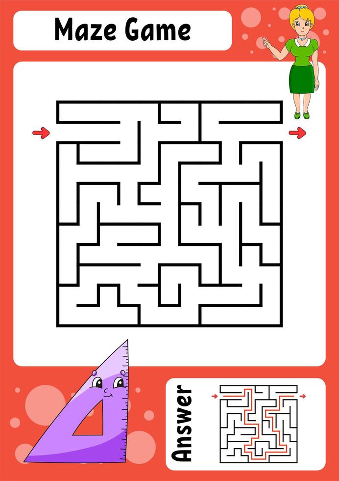 Square maze. Game for kids. Funny labyrinth. Education developing worksheet. Activity page. Puzzle for children. Cartoon style. Back to school. Logical conundrum. Color vector illustration.