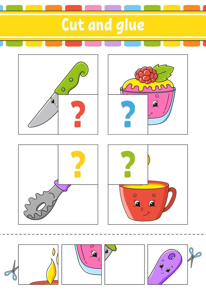 Cut and glue. Set flash cards. Color puzzle. Education developing worksheet. Activity page. Game for children. Funny character. Isolated vector illustration. Cartoon style.