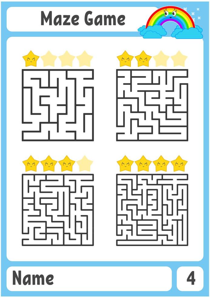 Square maze. Game for kids. Puzzle for children. Labyrinth conundrum. Color vector illustration. Find the right path. The development of logical and spatial thinking.