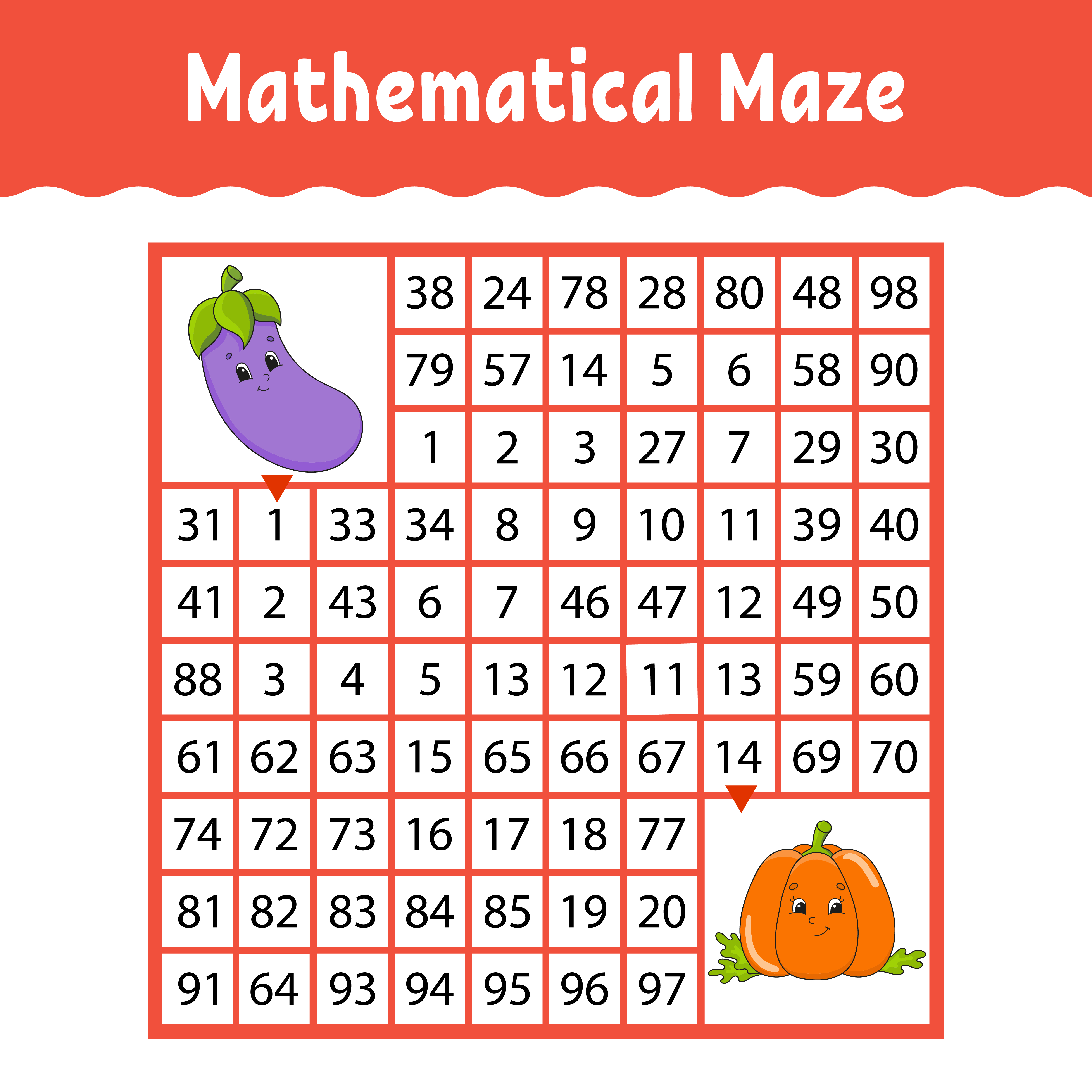 Vegetable eggplant, pumpkin. Mathematical square maze. Game ...