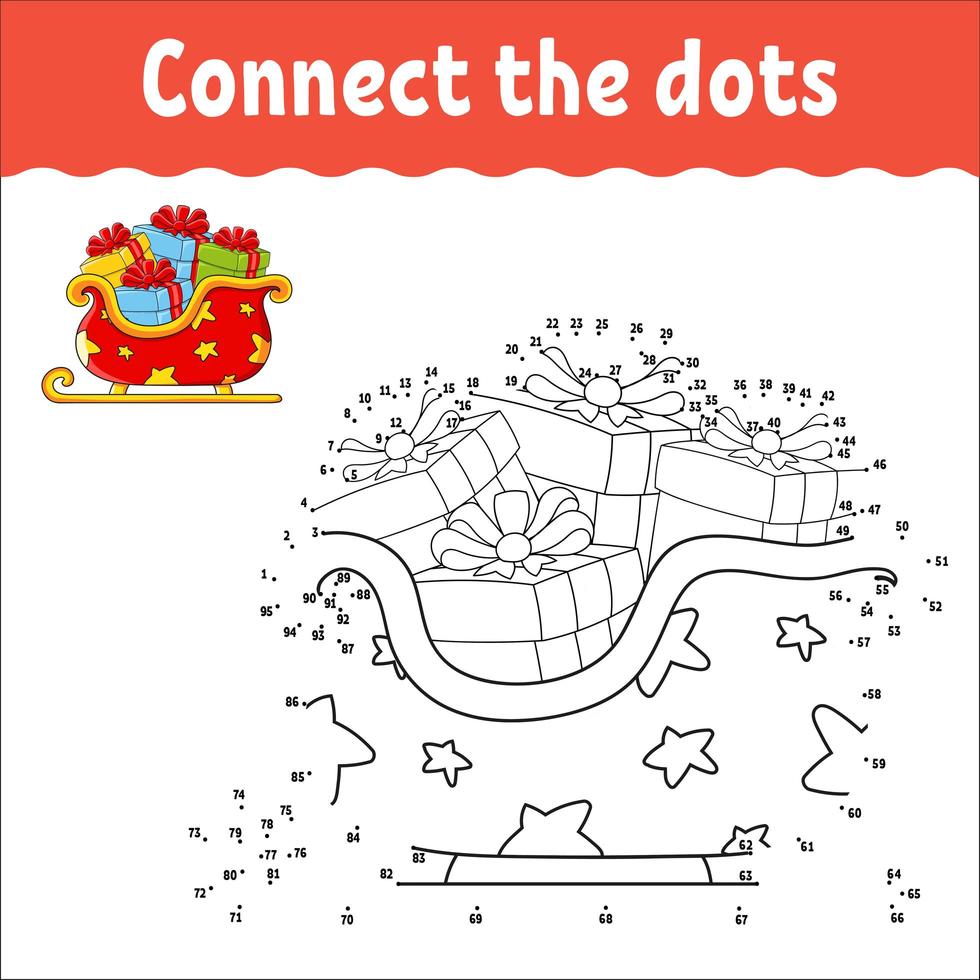 Dot to dot game. Draw a line. Christmas sleigh santa claus with gifts. For kids. Activity worksheet. Coloring book. With answer. Cartoon character. vector