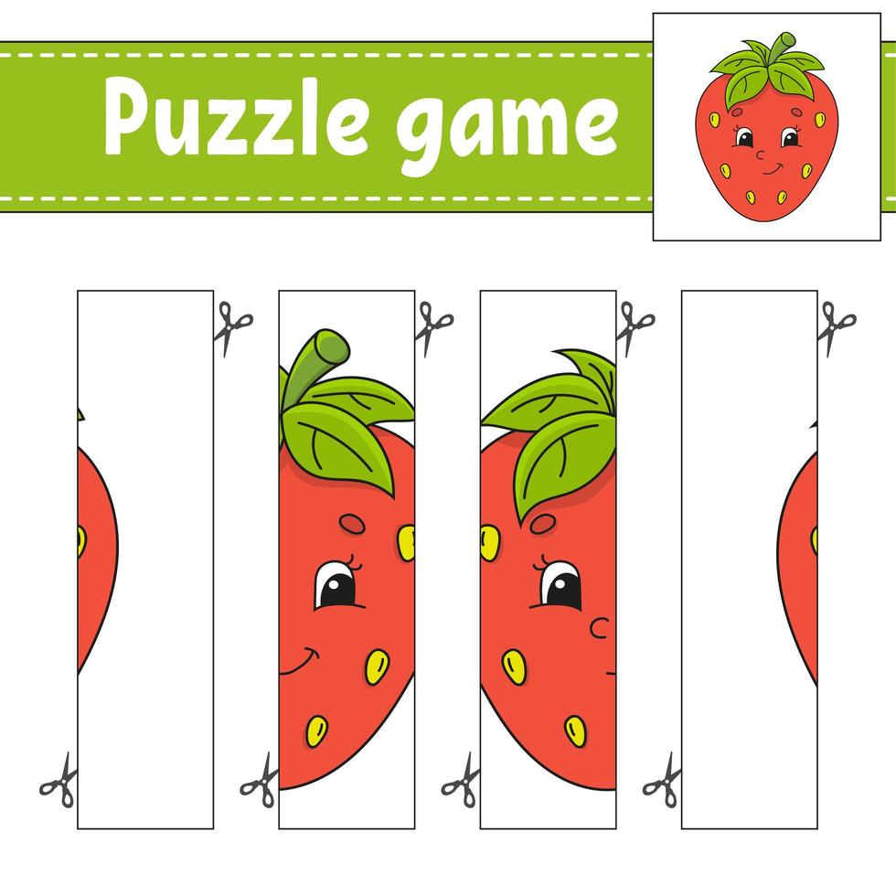 Puzzle game for kids. Berry strawberry. Cutting practice. Education developing worksheet. Activity page.Cartoon character. vector