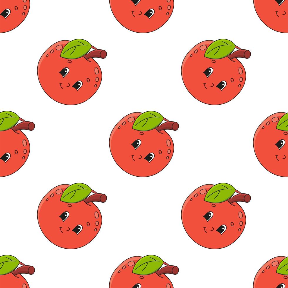 Happy apple. Colored seamless pattern with cute cartoon character. Simple flat vector illustration isolated on white background. Design wallpaper, fabric, wrapping paper, covers, websites.