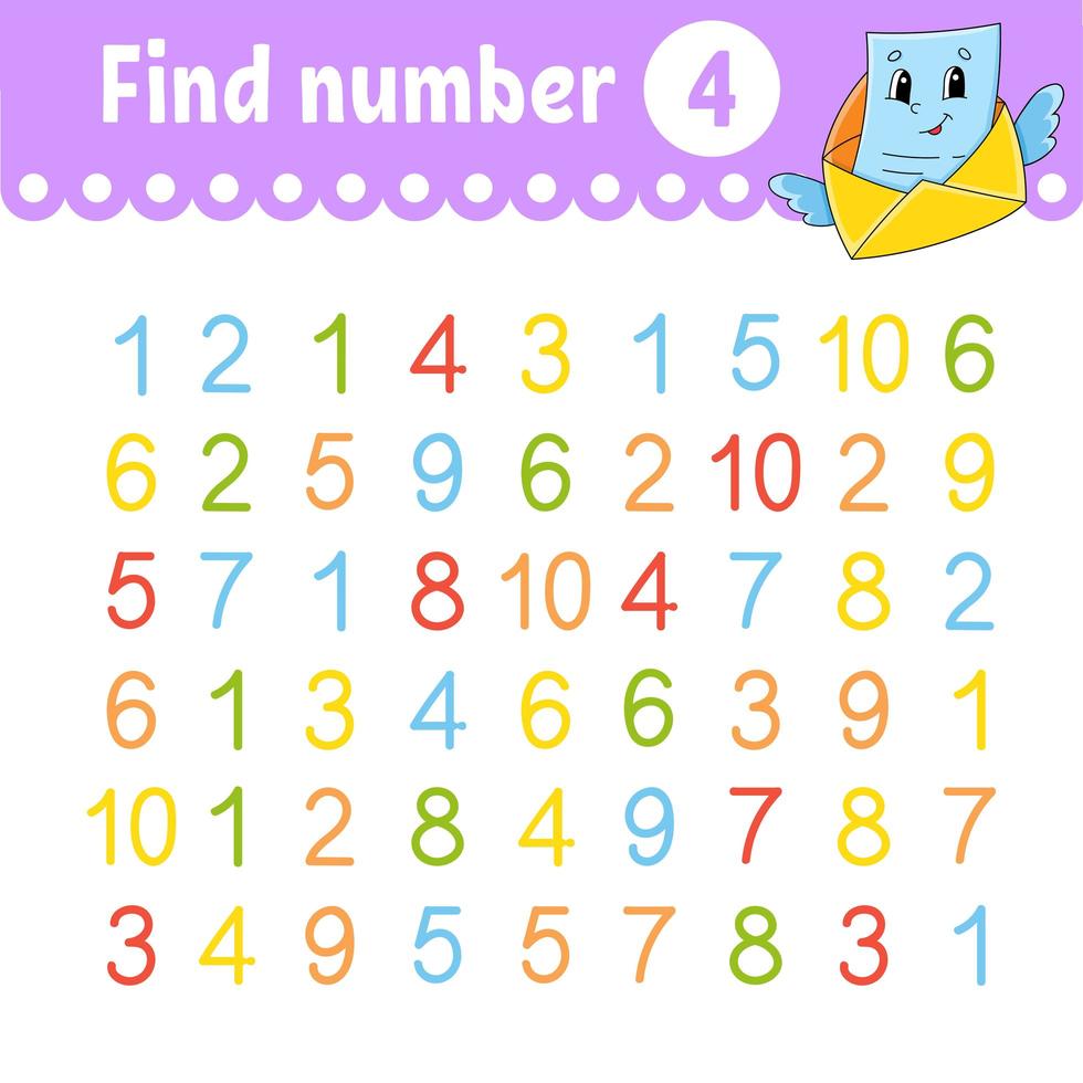 Find number. Education developing worksheet. Activity page with pictures. Game for children. Color isolated vector illustration. Funny character. Cartoon style.