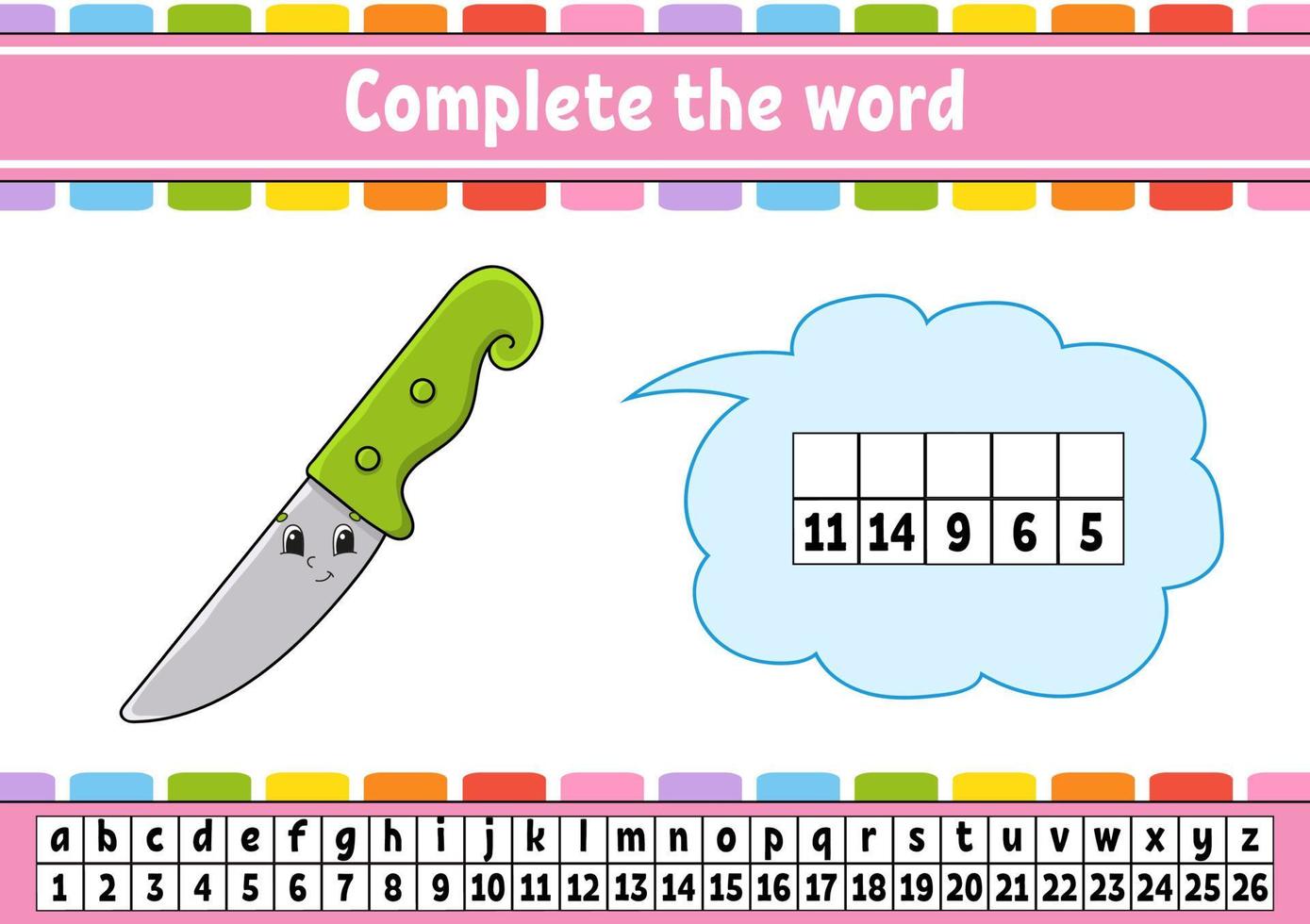 Complete the words. Cipher code. Learning vocabulary and numbers. Education worksheet. Activity page for study English. Isolated vector illustration. Cartoon character.