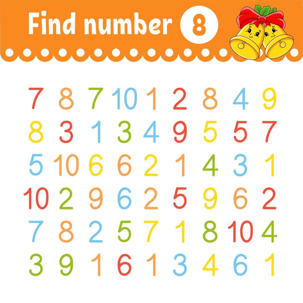 Find number. Education developing worksheet. Activity page with pictures. Game for children. Isolated vector illustration. Funny character. Cartoon style.