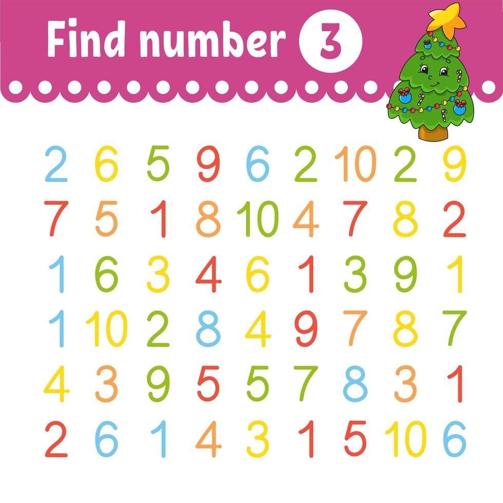 Find number. Education developing worksheet. Activity page with pictures. Game for children. Color isolated vector illustration. Funny character. Cartoon style.