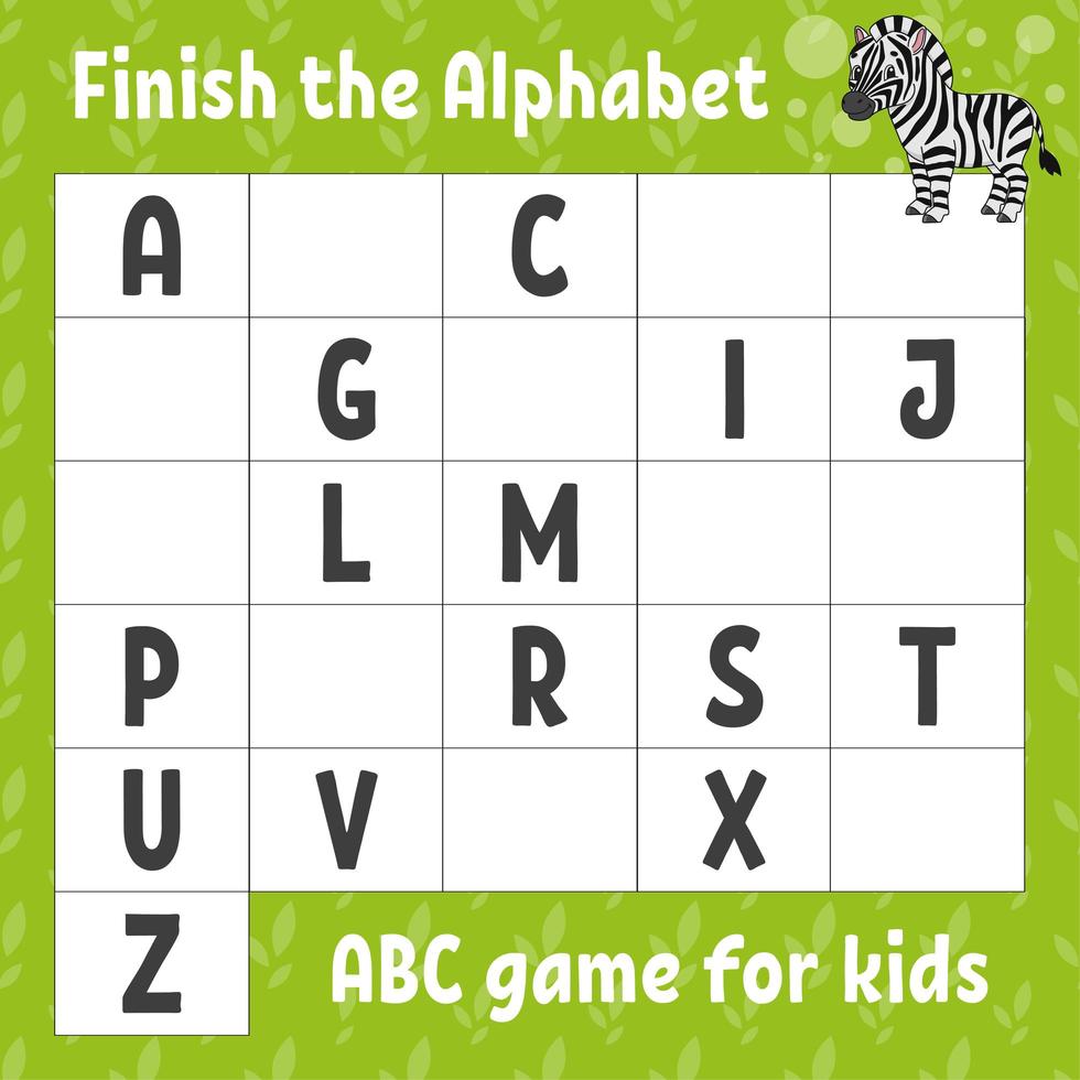Finish the alphabet. ABC game for kids. Education developing worksheet. Cute zebra. Learning game for kids. Color activity page. vector
