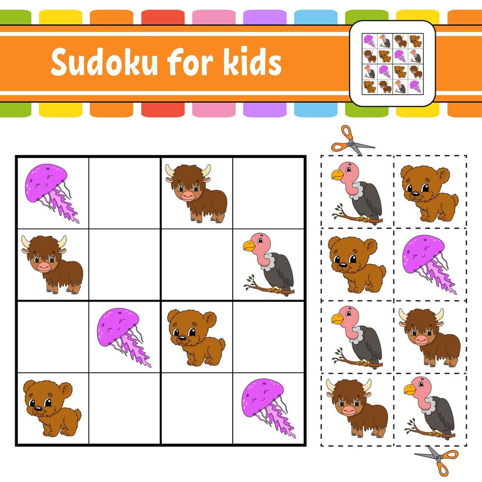 Sudoku for kids. Education developing worksheet. Activity page with pictures. Puzzle game for children. Set animals. Isolated vector illustration. Funny character. Cartoon style.