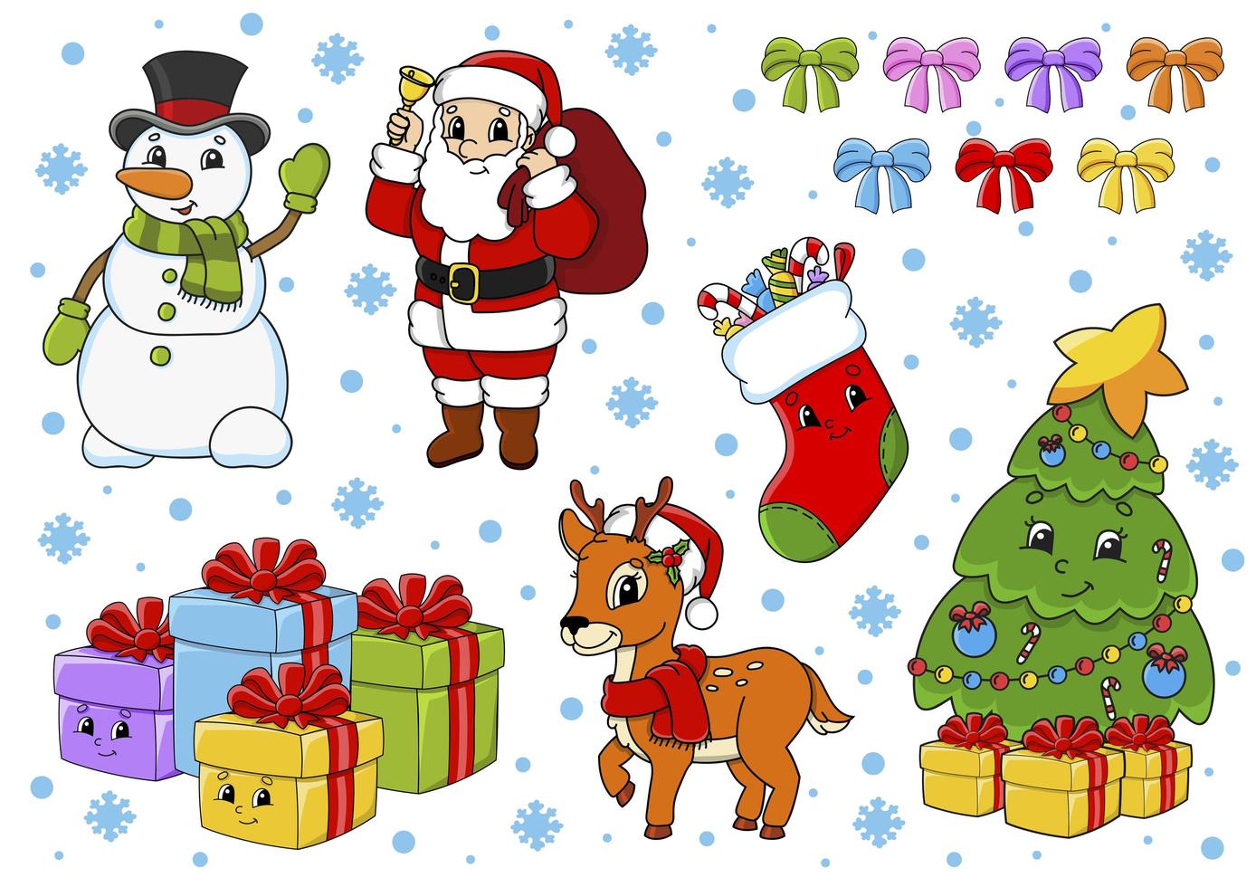 Set of stickers with cute cartoon characters. Christmas theme. Hand drawn. Colorful pack. Vector illustration. Patch badges collection. Label design elements. For daily planner, diary, organizer.