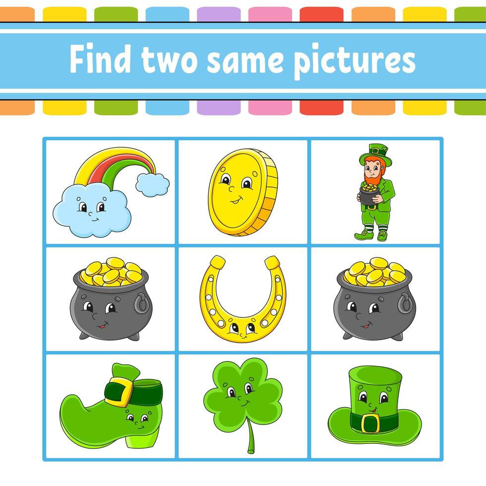 Find two same pictures. Task for kids. St. Patrick's day. Education developing worksheet. Activity page. Color game for children. Funny character. Isolated vector illustration. Cartoon style.