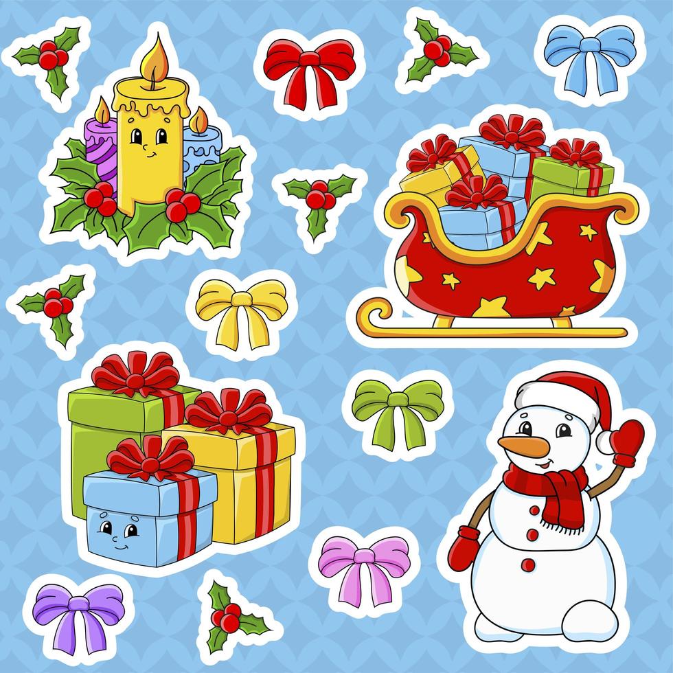 Set of stickers with cute cartoon characters. Christmas theme. Hand drawn. Colorful pack. Vector illustration. Patch badges collection. Label design elements. For daily planner, diary, organizer.