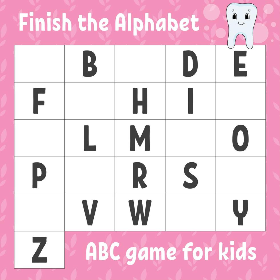 Finish the alphabet. ABC game for kids. Education developing worksheet. Learning game for kids. Color activity page. vector