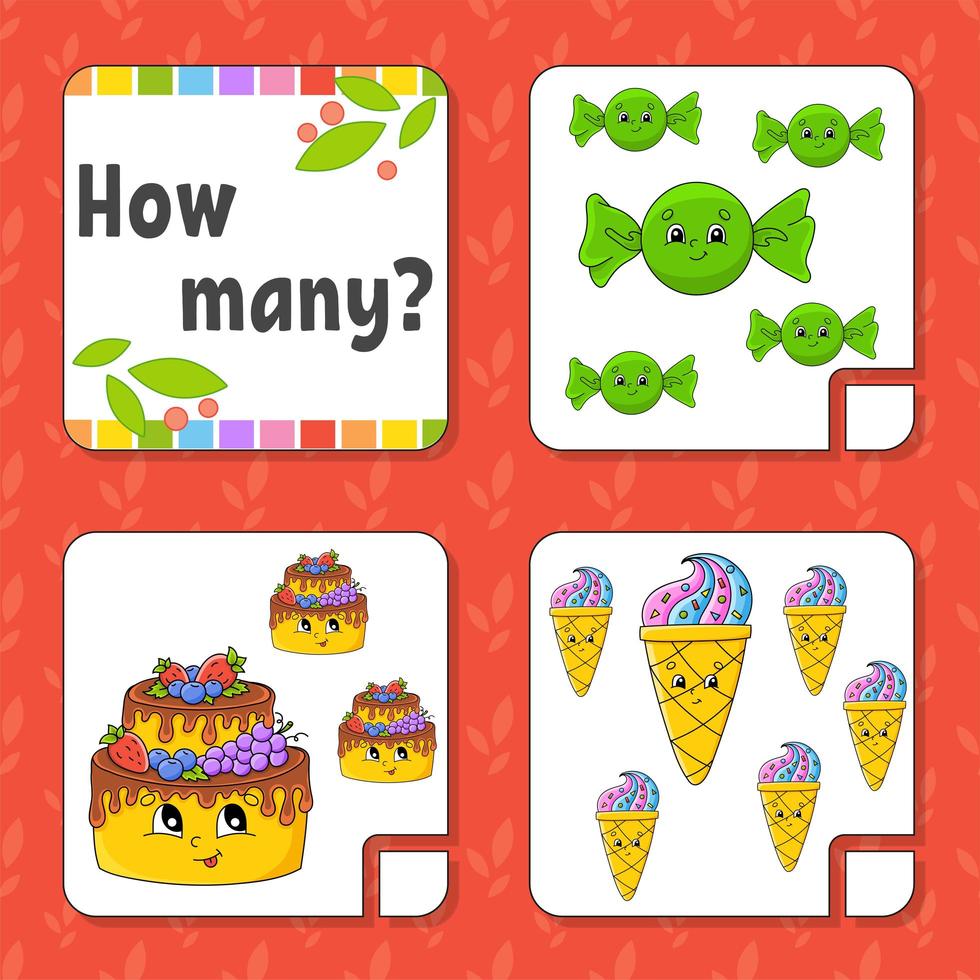 Counting game for children. Happy characters. Learning mathematics. How many object in the picture. Education worksheet. With space for answers. Isolated vector illustration in cute cartoon style.