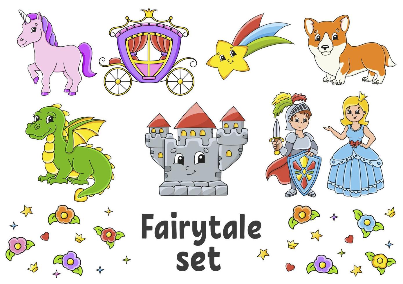 Set of stickers with cute cartoon characters. Fairytale theme. Hand drawn. Colorful pack. Vector illustration. Patch badges collection. Label design elements. For daily planner, diary, organizer.