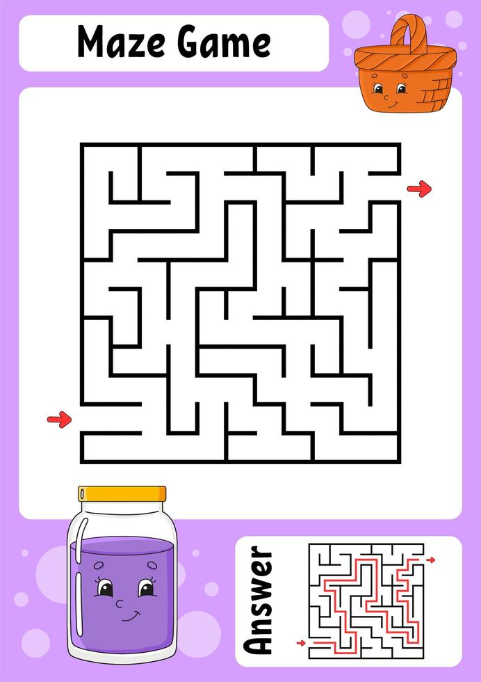 Square maze. Game for kids. Funny labyrinth. Education developing worksheet. Activity page. Puzzle for children. Cartoon style. Riddle for preschool. Logical conundrum. Color vector illustration.