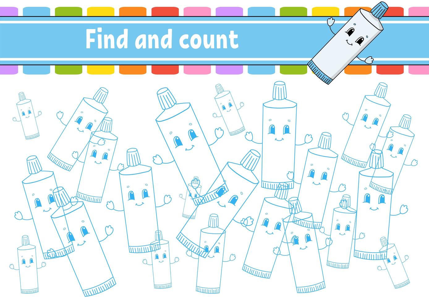 Find and count. Toothpaste. Education developing worksheet. Activity page. Puzzle game for children. Logical thinking training. Isolated vector illustration. Cartoon character.