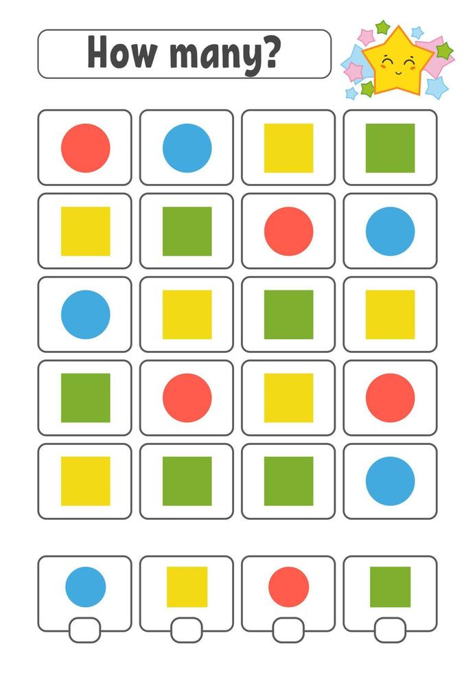Counting game for children. Happy characters. Learning mathematics. How many object in the picture. Education worksheet. With space for answers. Isolated vector illustration in cute cartoon style.