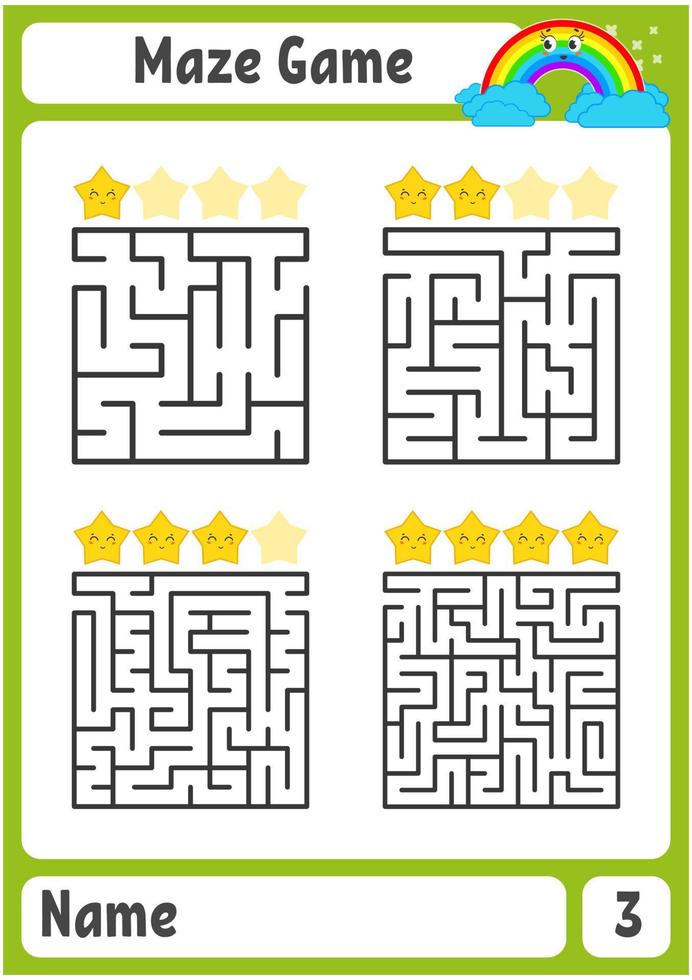 Square maze. Game for kids. Puzzle for children. Labyrinth conundrum. Color vector illustration. Find the right path. The development of logical and spatial thinking.