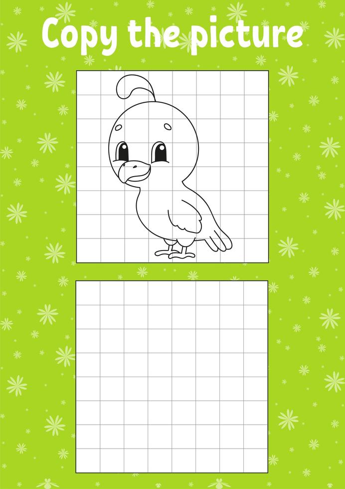 Copy the picture. Coloring book pages for kids. Education developing worksheet. Quail bird. Game for children. Handwriting practice. Funny character. Cartoon vector illustration.