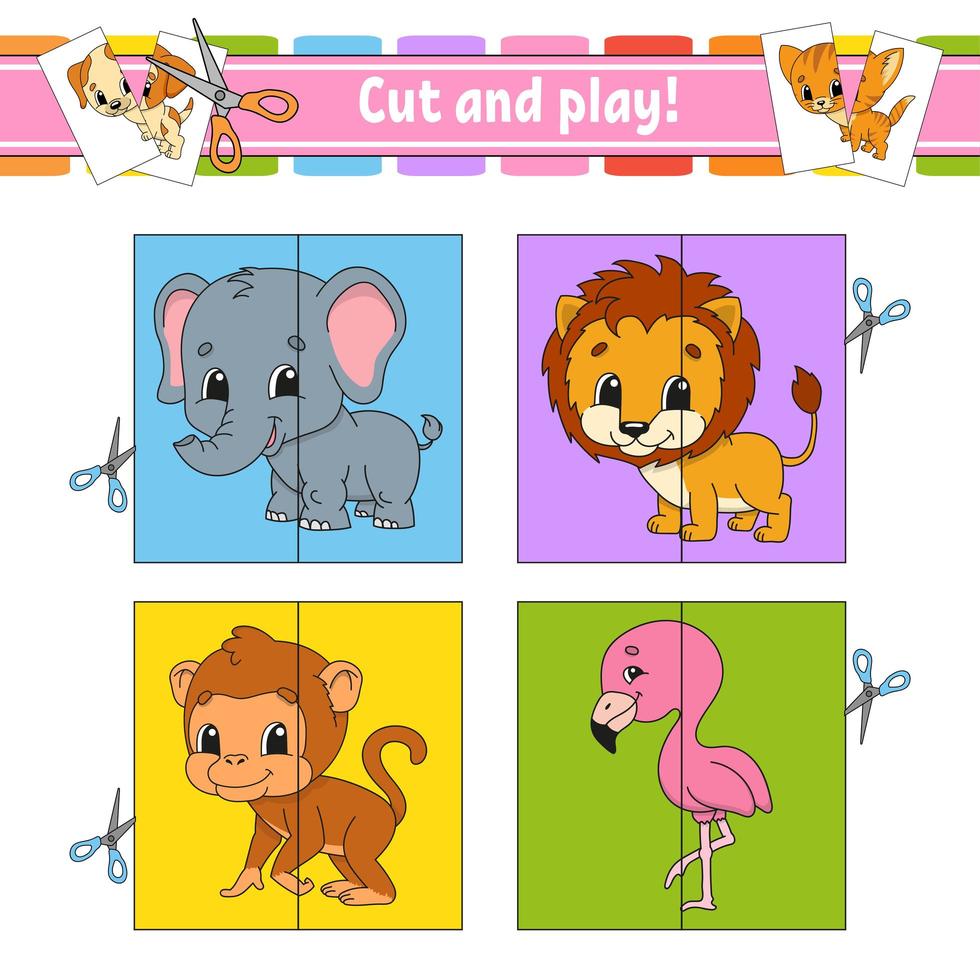 Cut and play. Flash cards. Color puzzle. Education developing worksheet. Activity page. Game for children. Funny character. Isolated vector illustration. Cartoon style.
