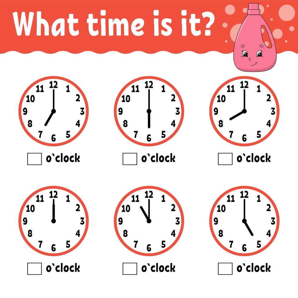 aprender el tiempo en el reloj. hoja de trabajo de actividades educativas para niños y niños pequeños. lavar detergente. juego para niños. Ilustración de vector de color aislado plano simple en estilo de dibujos animados lindo.