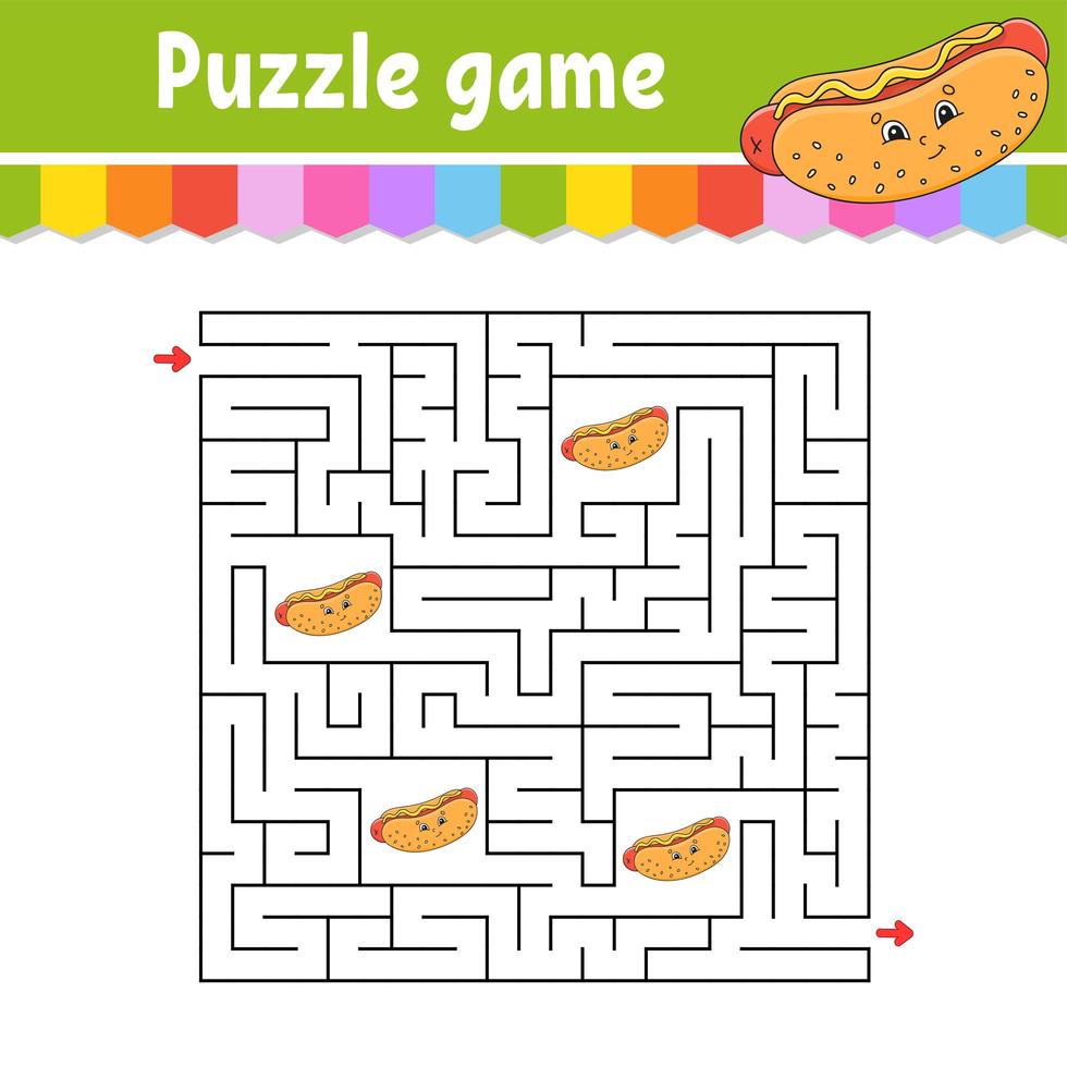 Square maze. Game for kids. Puzzle for children. Labyrinth conundrum. Color vector illustration. Find the right path. Isolated vector illustration. Cartoon character.