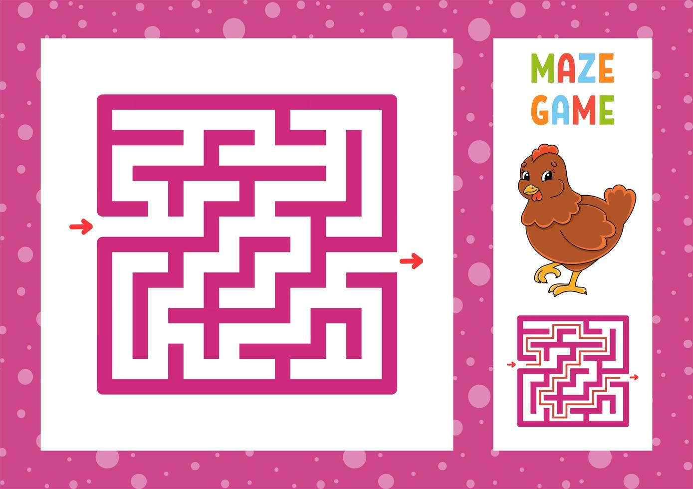 Square maze. Game for kids. Puzzle for children. Happy character. Labyrinth conundrum. Color vector illustration. Find the right path. With answer. Isolated vector illustration. Cartoon style.