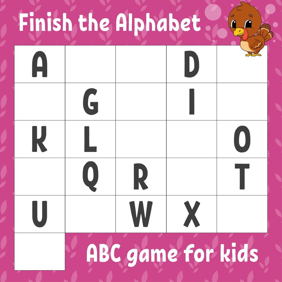 Finish the alphabet. ABC game for kids. Education developing worksheet. Learning game for kids. Color activity page. vector