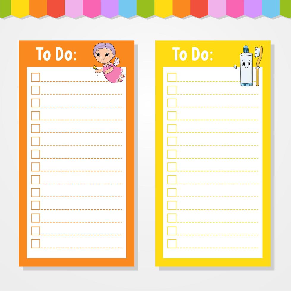 To do list for kids. Empty template. The rectangular shape. Isolated color vector illustration. Funny character. Cartoon style. For the diary, notebook, bookmark.